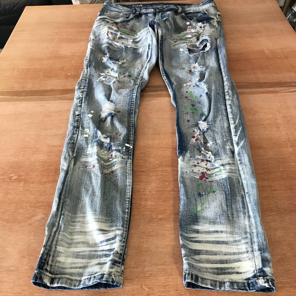 Copper Rivet Slim Fit Jeans Men 36x33 Blue Distressed Paint Splatter Grunge